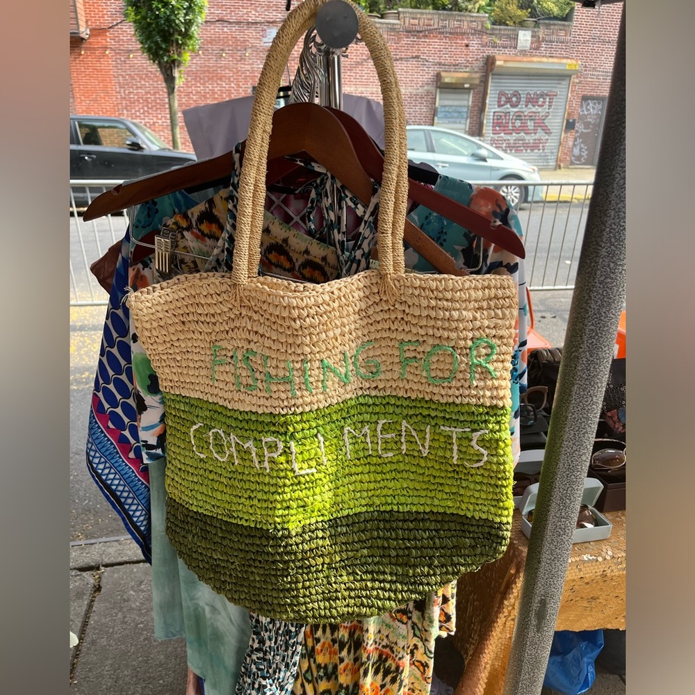 Raffia Tote, “Fishing for Compliments” Green Ombre and Natural